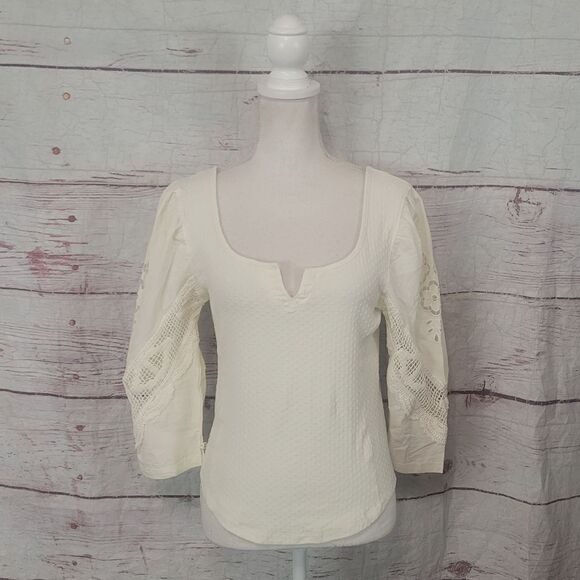 Free People Brunch Date Puffed Sleeve Crochet Top Size Medium - Picture 3 of 8